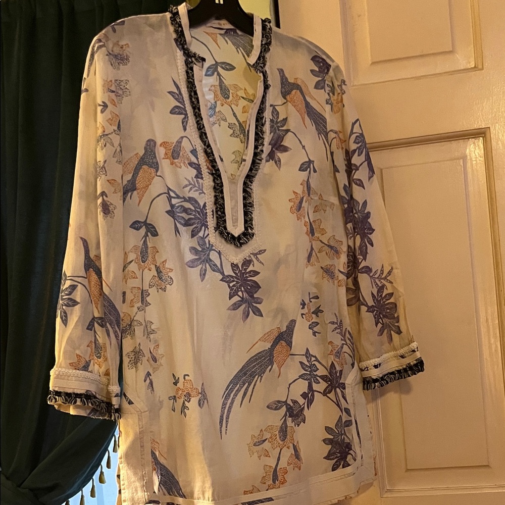 Tory Burch Cream and Blue Bird Print Blouse